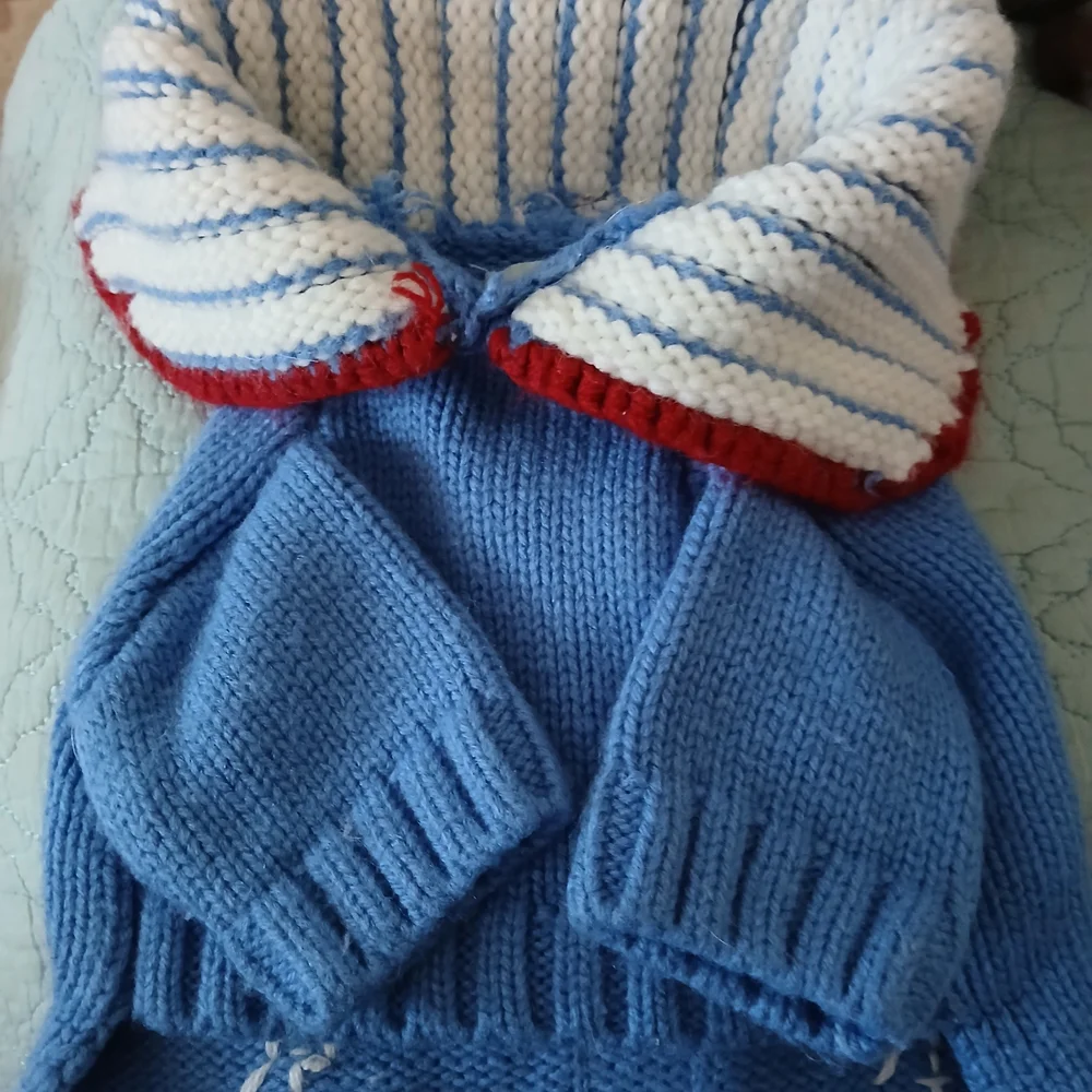 Striped Blue Dog Sweater with Nautical Anchors - Picture 9 of 10